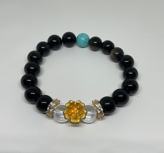 Handmade Black with Gold Flower Bracelet